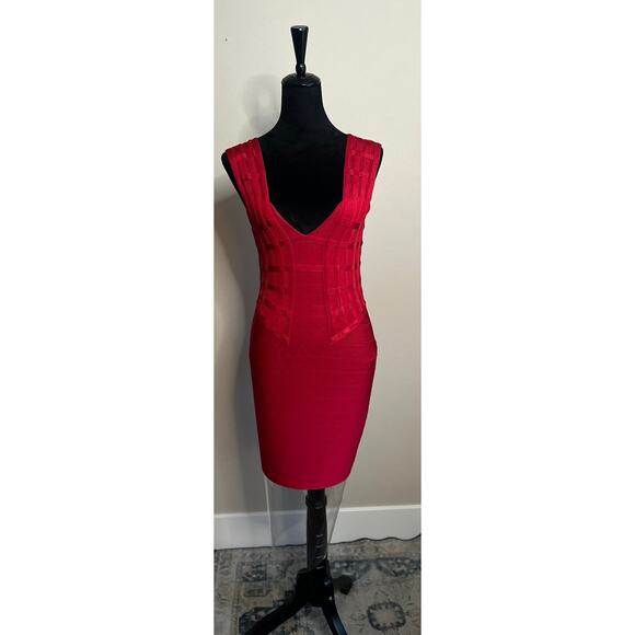 MARCIANO LOS ANGELES Women's Cut Red Milano Knee Length Bandage Dress Size M - Picture 3 of 10